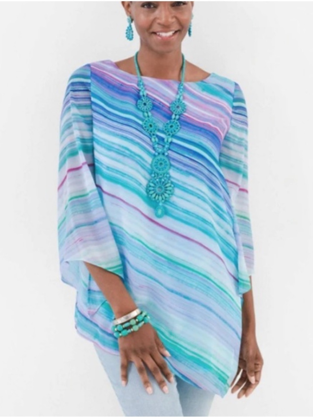 Chico’s Striped Blue Multi-Color Boatneck Women's Top 2